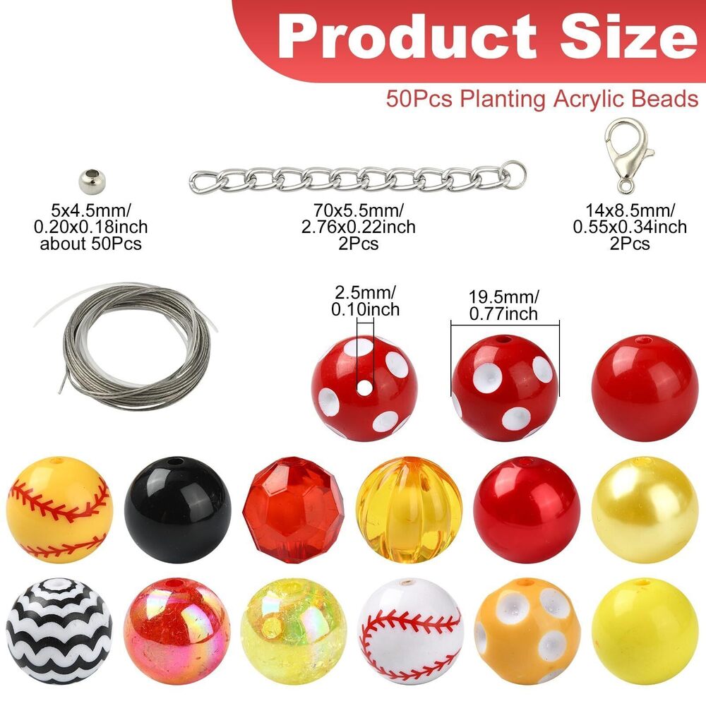 8215 105pcs Random Chunky Baseball Beads Red Yellow Acrylic Round Sport View 2